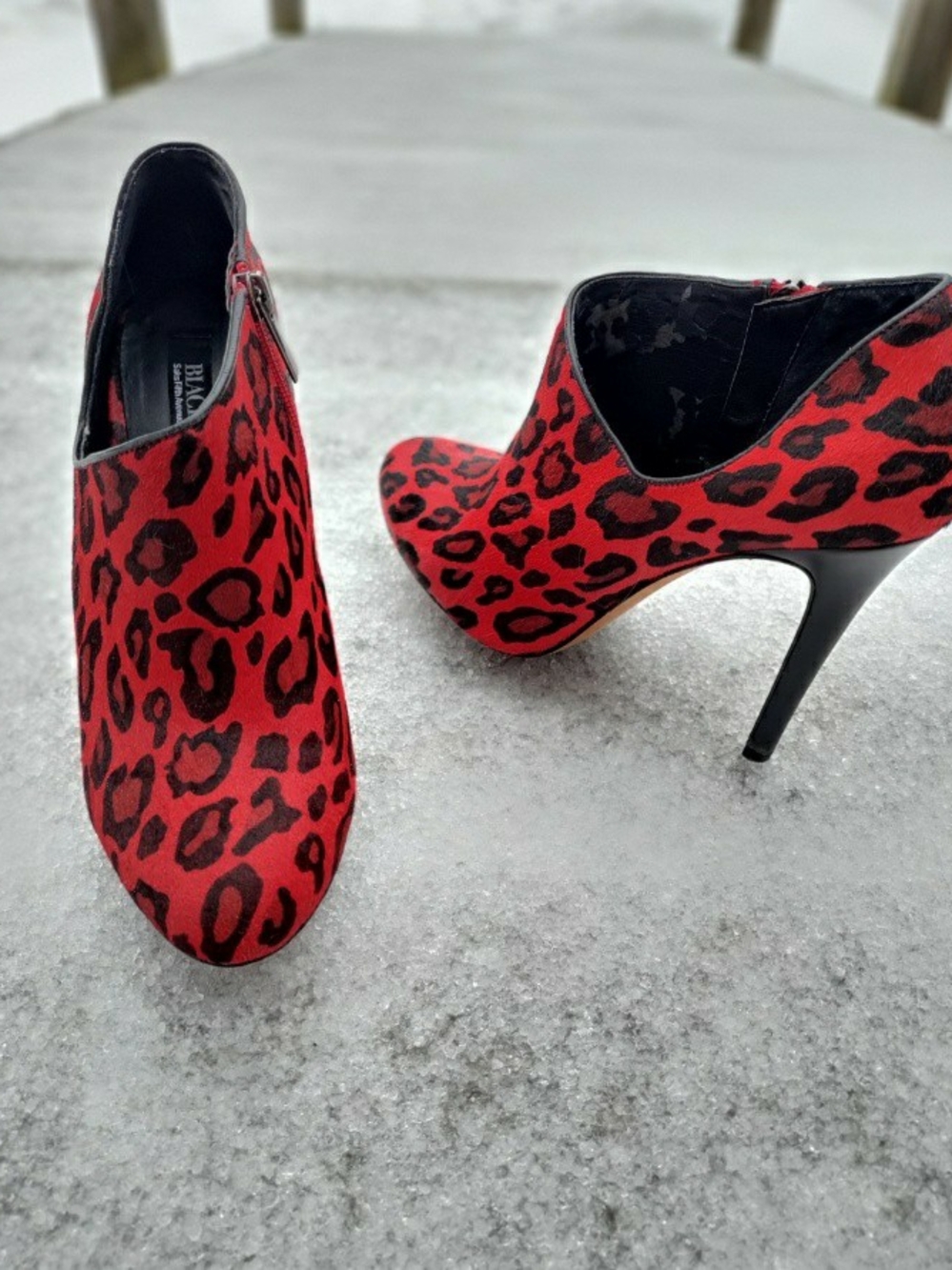 BLACK Saks Fifth Avenue BRINDA Red Leopard Print Calf Hair Ankle Boots Size 7.5M